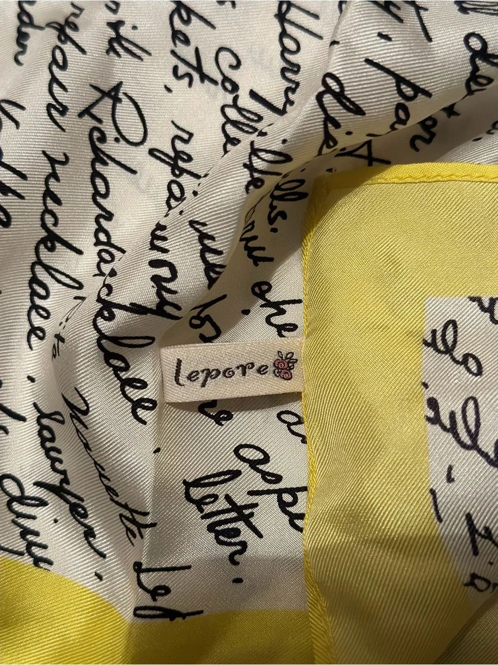 Nanette Lepore Script Print Square Scarf Yellow Black White Silk Feel 20x20